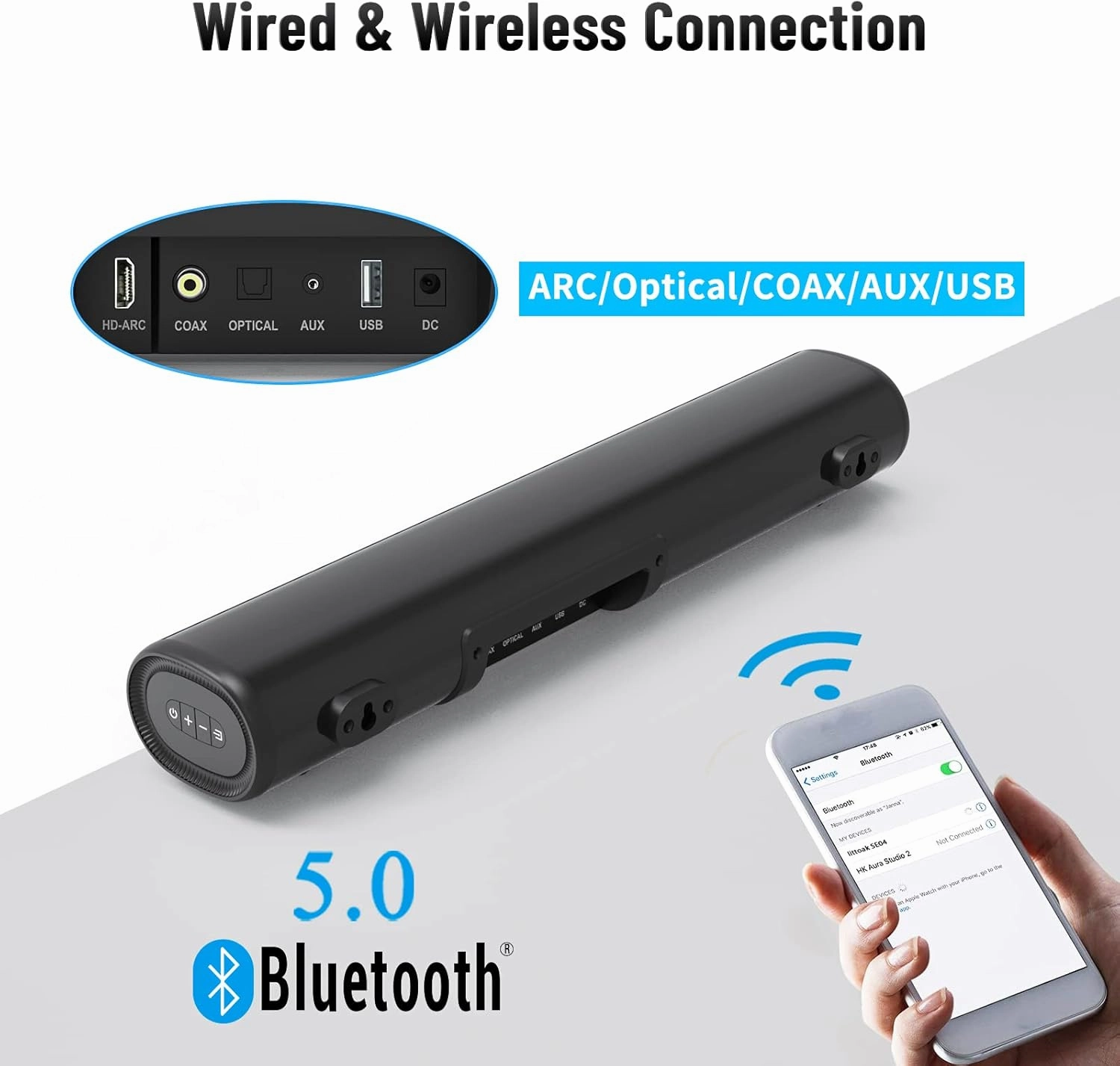 Small Sound Bar for TV, Soundbar with Bluetooth 5.0/HDMI/Optical/USB/AUX/Coax Connection, 50 Watt 16 Inch Soundbars for Home Theater, Wall Mountable (SE04)