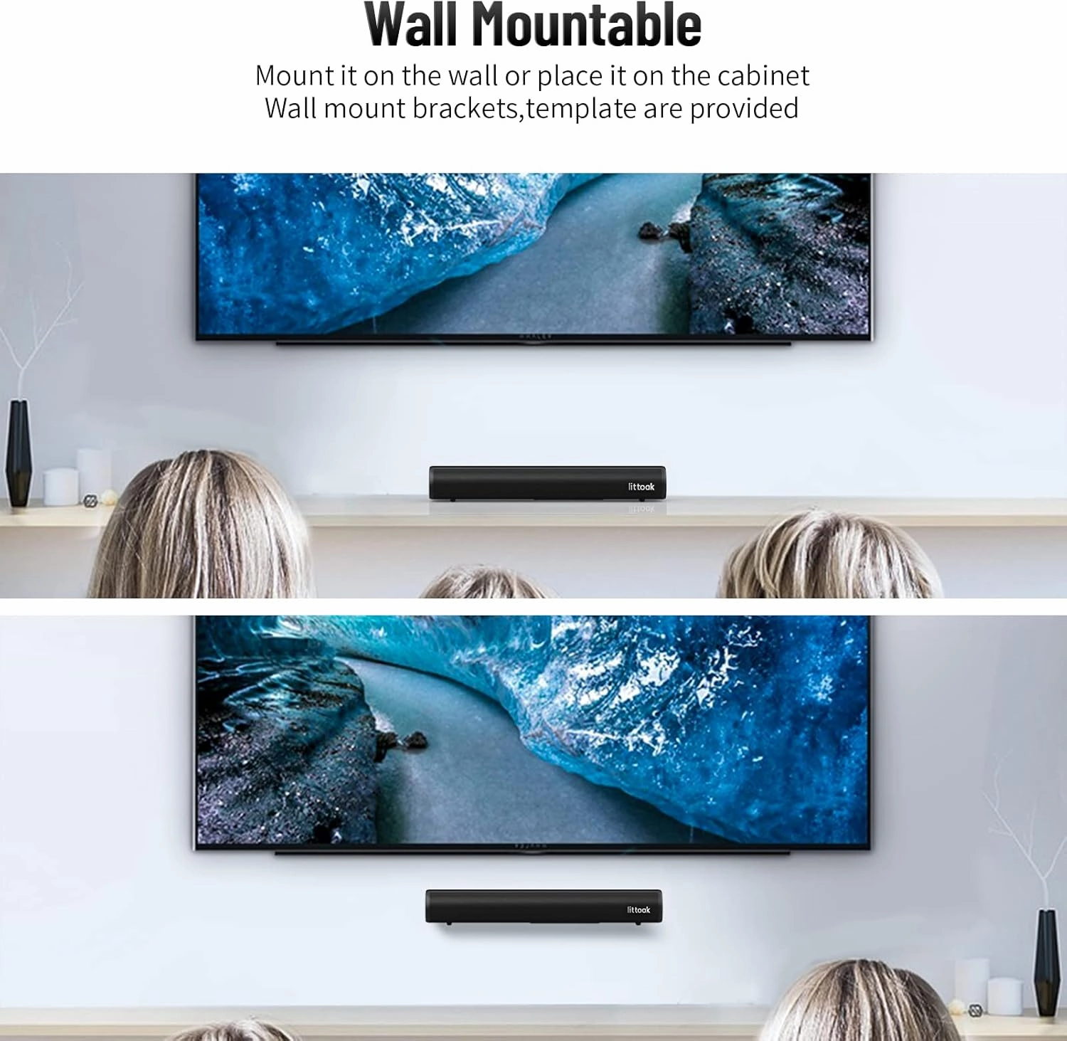 Small Sound Bar for TV, Soundbar with Bluetooth 5.0/HDMI/Optical/USB/AUX/Coax Connection, 50 Watt 16 Inch Soundbars for Home Theater, Wall Mountable (SE04)