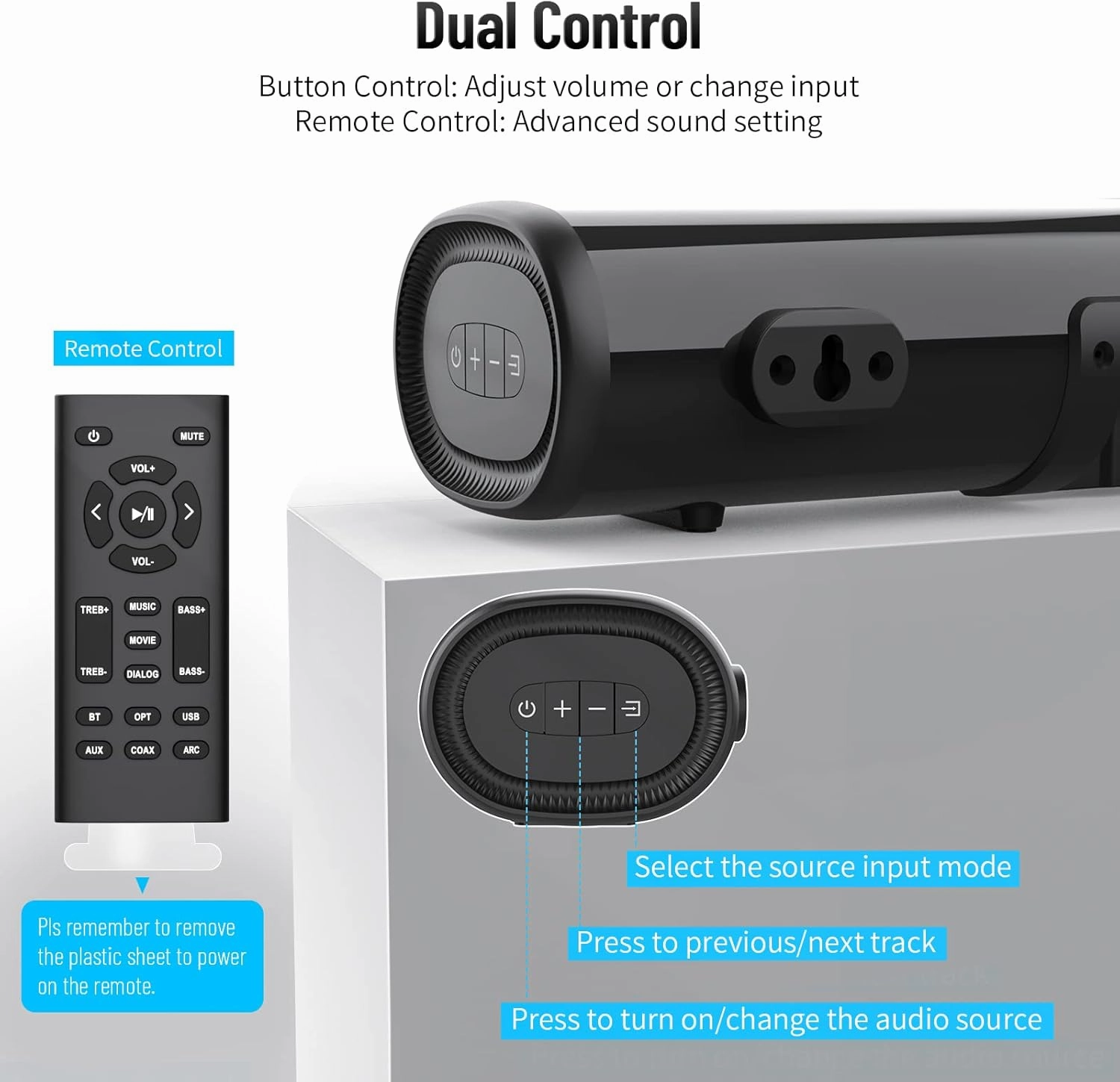 Small Sound Bar for TV, Soundbar with Bluetooth 5.0/HDMI/Optical/USB/AUX/Coax Connection, 50 Watt 16 Inch Soundbars for Home Theater, Wall Mountable (SE04)