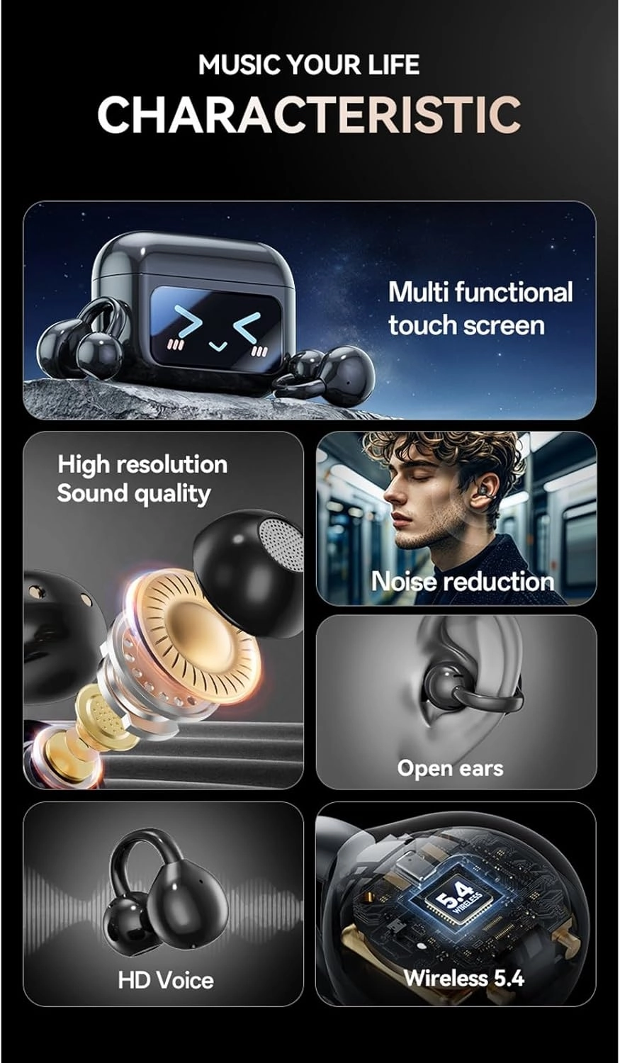 Smart Touchscreen Bluetooth Earbuds, M100 Clip on Ear Headphones,Open Ear Earbuds with LCD Full Color Smart Screen Touch Wireless Bluetooth, C-Shaped Bridge Waterproof Headphones(Black)