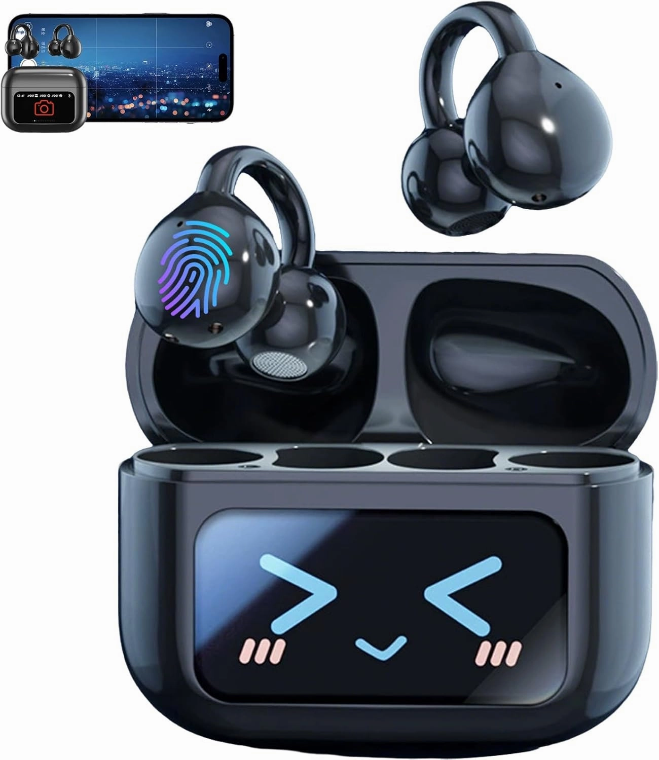 Smart Touchscreen Bluetooth Earbuds, M100 Clip on Ear Headphones,Open Ear Earbuds with LCD Full Color Smart Screen Touch Wireless Bluetooth, C-Shaped Bridge Waterproof Headphones(Black) wireless audio bridge,Bluetooth transmitter,WiFi audio link,