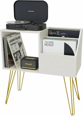 SMPLX Elegant Wooden Record Player Stand with Vinyl Storage 2-Tier (White), Modern Design Easy Assembly with Video Instructions, Holds 200  Records,Table Night Record Stand (30in x 12 in x 32in) vinyl storage,record holder,LP organizer,