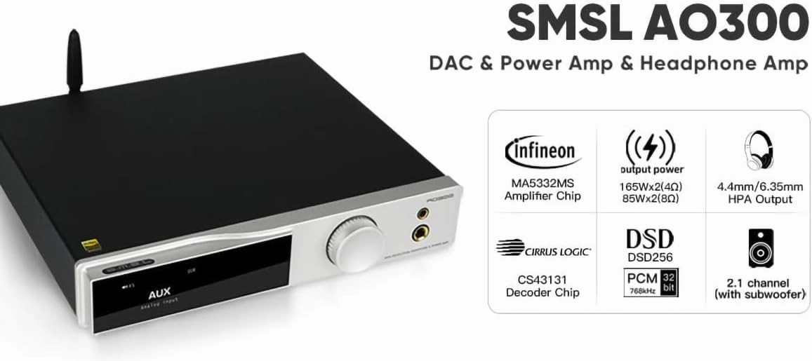 SMSL AO300 MA5332MS Class D Amplifier, 165Wx2 Power Amps, CS43131 HiFi DAC Headphone Amp, USB/Coax/Opt/HDMI ARC/RCA Input 2.1 Channel Stereo Amp for Speaker/Subwoofer/4.4mm/6.35mm Headphone (Silver)