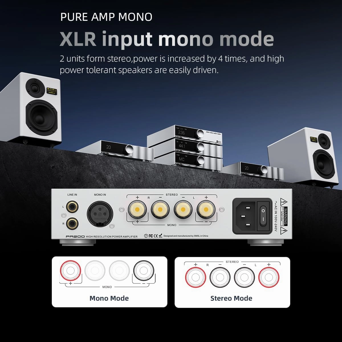 SMSL PA200 Power Amplifier XLR Input Mono Mode RCA Input Stereo Pure Post Stage Through Mode Chip PGA2311 Easily Drives High-Power Speakers integrated amplifier,stereo receiver,hi-fi amp combo,