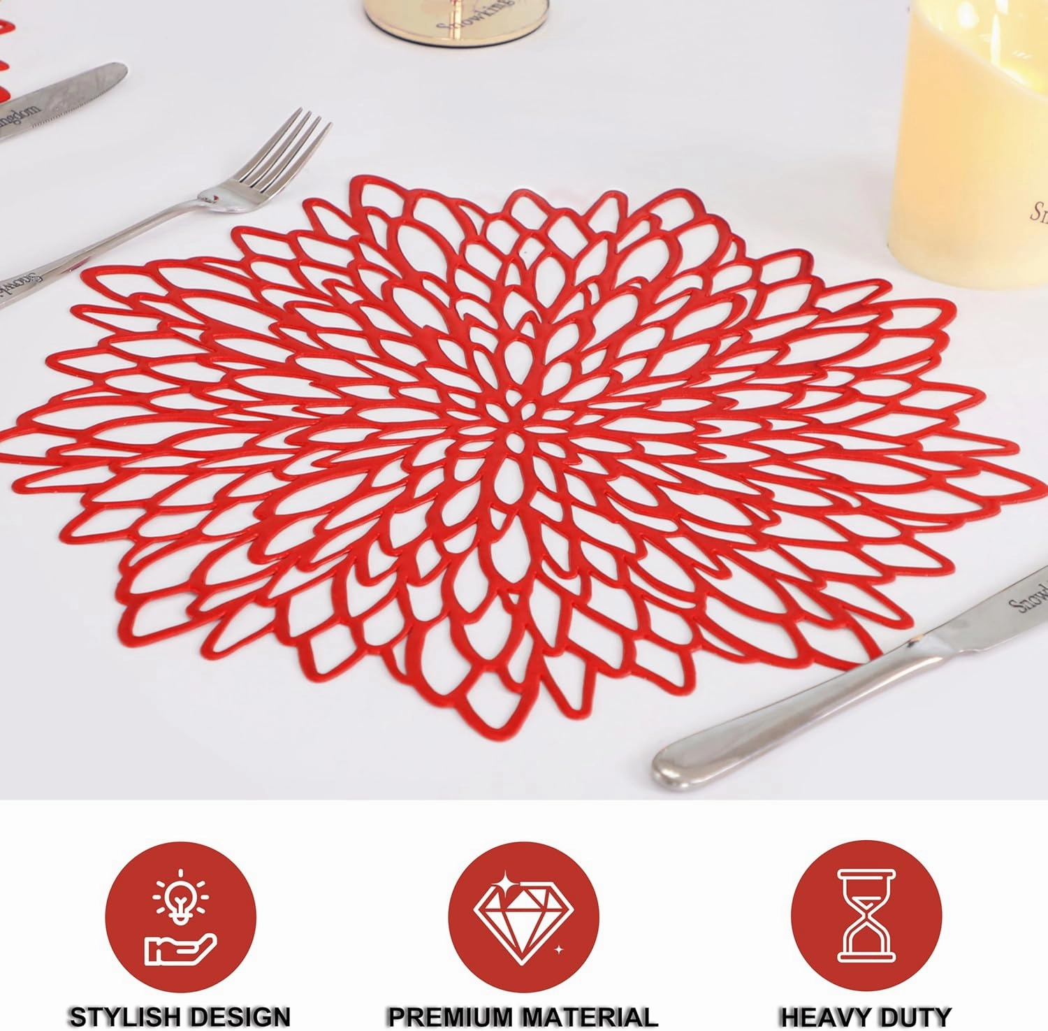 Snowkingdom Red Placemats Pressed Vinyl Metallic Shiny Floral Dinning Mats Round Leaf Table Decoration for Mother's Day Valentine Weddings Mother's Day Christmas Holiday Celebrations Set of 18