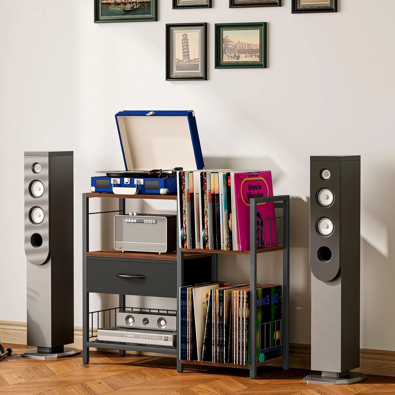 Snughome AV Media Stand, Record Player Stand with Vinyl Storage Holds up to 280  Albums, Audio Video Rack Album Storage Shelves for Vinyl, Turntable Stand Record Holder Media Console Stereo Cabinet
