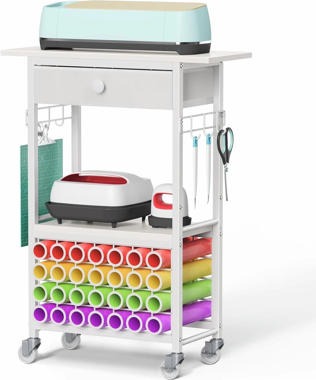 Snughome Craft Cart Compatible with Cricut Maker, Craft Organizers and Storage CartCraft Cart Organizer Table with Drawer and 28 Vinyl Roll Holders, White, 23.6"(L) x 9.5"(D) x 31.7"(H) vinyl accessories,turntable parts,record player tools,