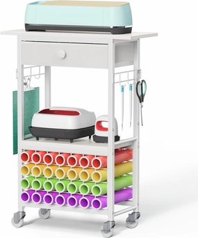 Snughome Craft Cart Compatible with Cricut Maker, Craft Organizers and Storage CartCraft Cart Organizer Table with Drawer and 28 Vinyl Roll Holders, White, 23.6"(L) x 9.5"(D) x 31.7"(H) vinyl accessories,turntable parts,record player tools,