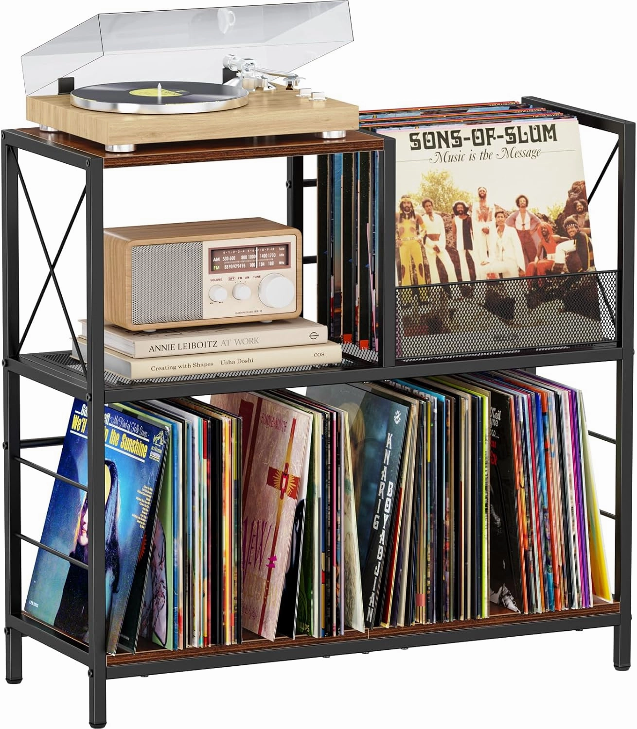 Snughome Large Vinyl Record Player Stand, Holds Up to 300 Albums, Wooden Record Display Table with 3 Adjustable Divider for Turntable Stand, Large Record Player Table Vinyl Album Storage vinyl storage,record holder,LP organizer,