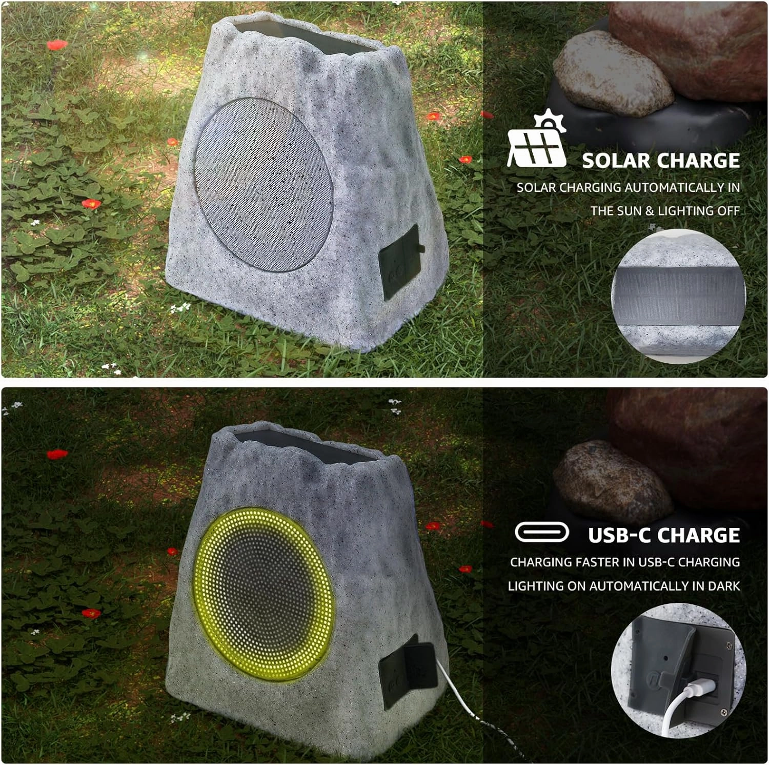 Solar Rock Speakers Outdoor Water-Resistant 2-Pack Solar Powered Rock Speaker with Lights RGB and TWS Pair for Patio Outside Garden BBQ Deck