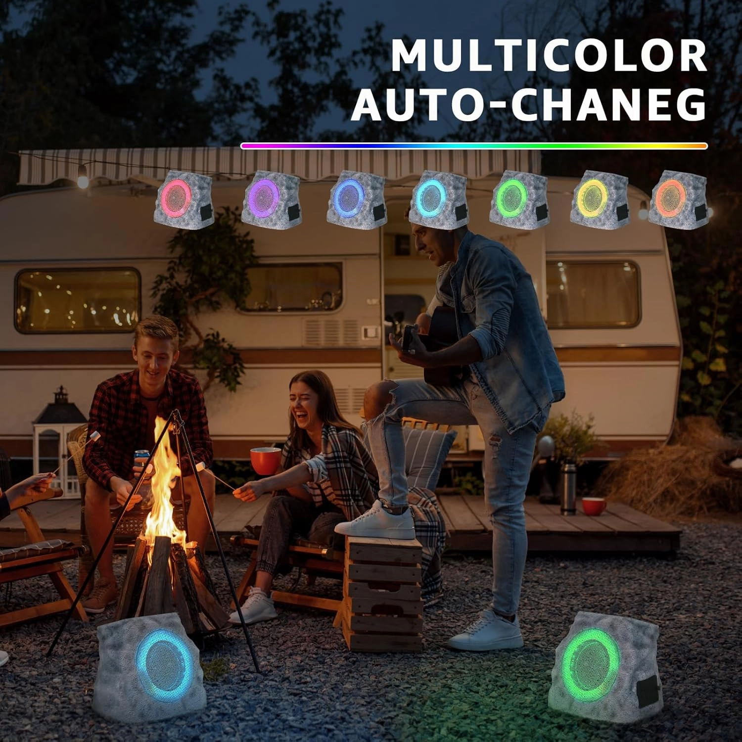 Solar Rock Speakers Outdoor Water-Resistant 2-Pack Solar Powered Rock Speaker with Lights RGB and TWS Pair for Patio Outside Garden BBQ Deck