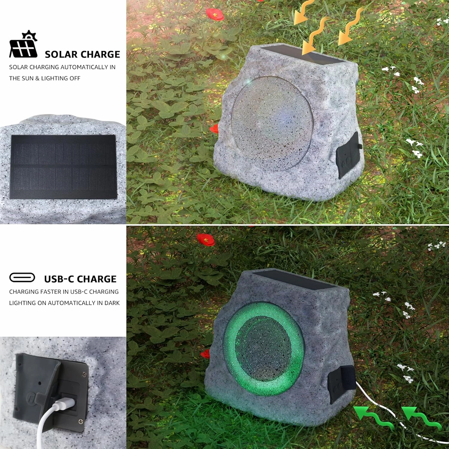 Solar Rock Speakers Outdoor Water-Resistant 2-Pack Solar Powered Rock Speaker with Lights RGB and TWS Pair for Patio Outside Garden BBQ Deck