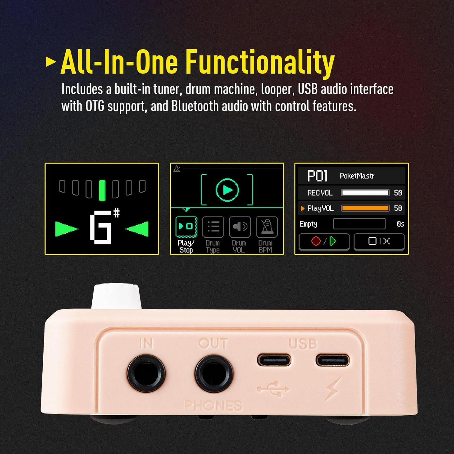 SONICAKE Pocket Master-Portable Multi Effects Pedal, 100  Built-in Guitar/Bass/Acoustic Effects, Amp Modeling, IR Cabinets Simulation, Stereo OTG USB Audio Interface, Rechargeable (Pink)