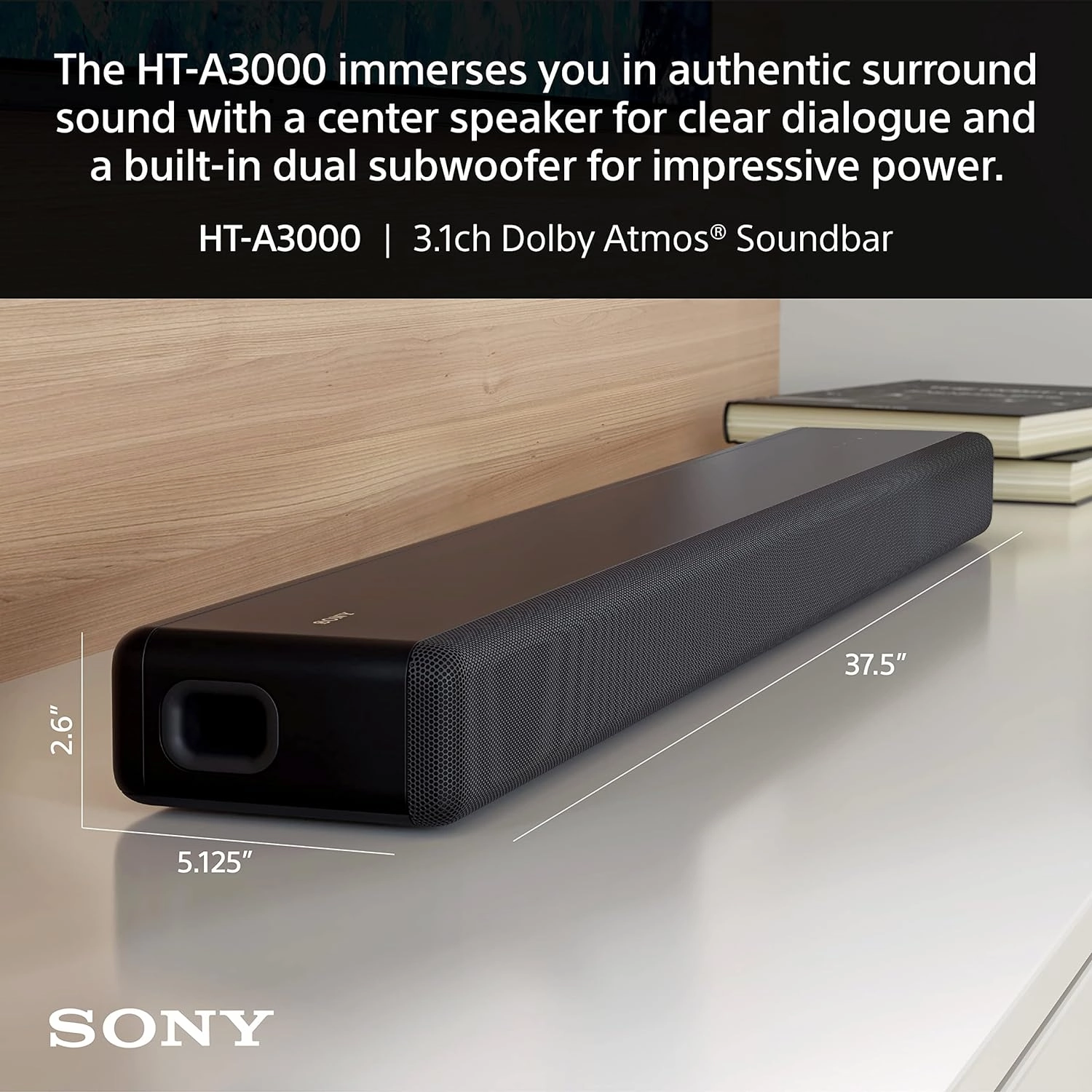 Sony HT-A3000 3.1ch Dolby Atmos TV Sound Bar with DTS:X, 360 Spatial Sound Mapping, Dual Subwoofers, Wi-Fi, Bluetooth, Airplay 2