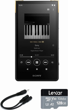 Sony Walkman 64GB Hi-Res Digital Media Player with Bluetooth/WiFi Bundle with Lexar Professional 128GB 1066x MicroSDXC Memory Card and Monoprice 6-inch 3.5mm Splitter Stereo Plug Stereo Jack Cable hi-res portable player,digital audio player,DAP lossless,
