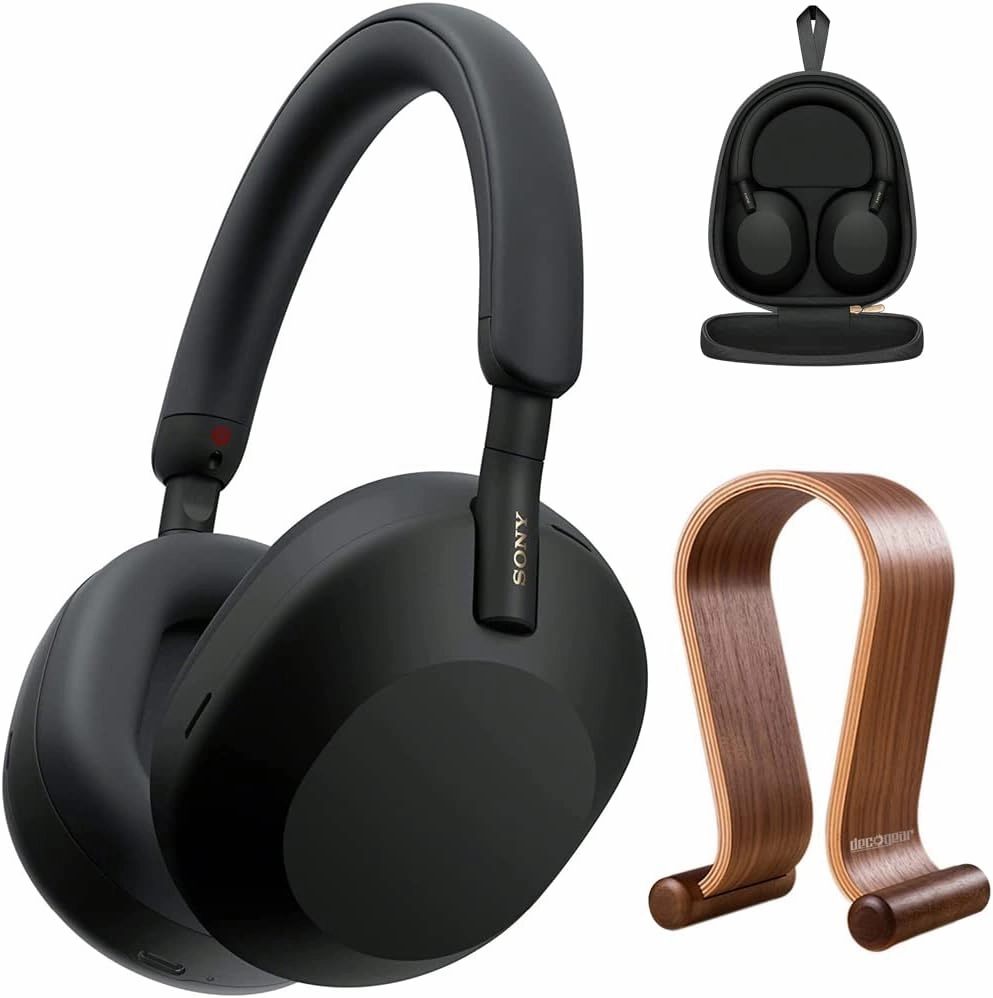 Sony WH-1000XM5 Wireless Industry Leading Noise Canceling Headphones, Black Bundle with Deco Gear Wood Headphone Display Stand and Protective Travel Carry Case noise cancelling headphones,ANC headphones,travel headphones,