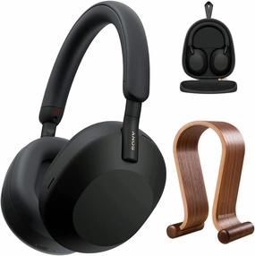 Sony WH-1000XM5 Wireless Industry Leading Noise Canceling Headphones, Black Bundle with Deco Gear Wood Headphone Display Stand and Protective Travel Carry Case noise cancelling headphones,ANC headphones,travel headphones,