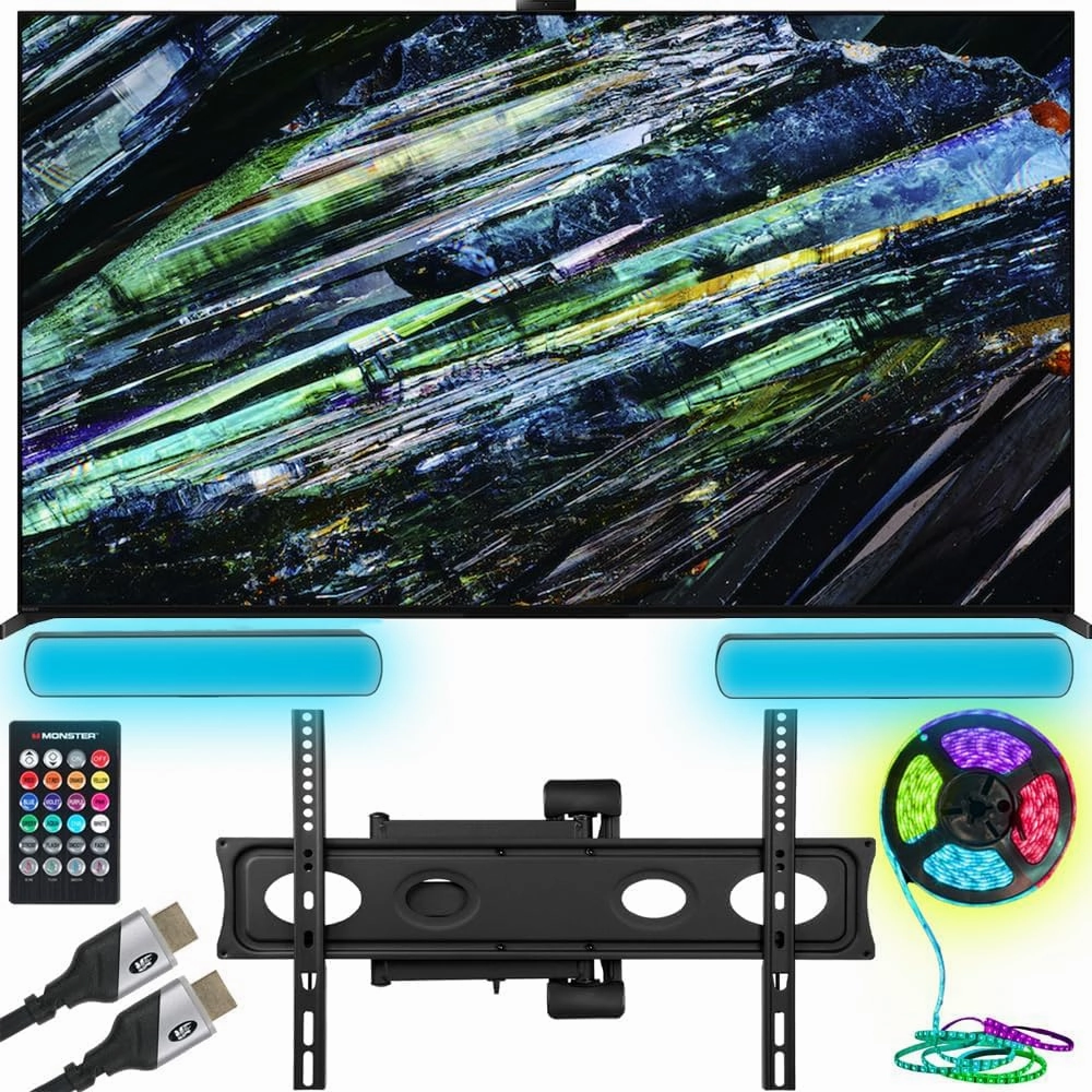 Sony XR55A95L BRAVIA XR A95L 55 inch QD-OLED 4K HDR Smart TV with Google TV (2023) Bundle with Home Theater Package - Full Motion Mount, Monster HDMI Cables, & Sound Reactive RGB Light Strip home cinema system,5.1 home theater,surround sound package,