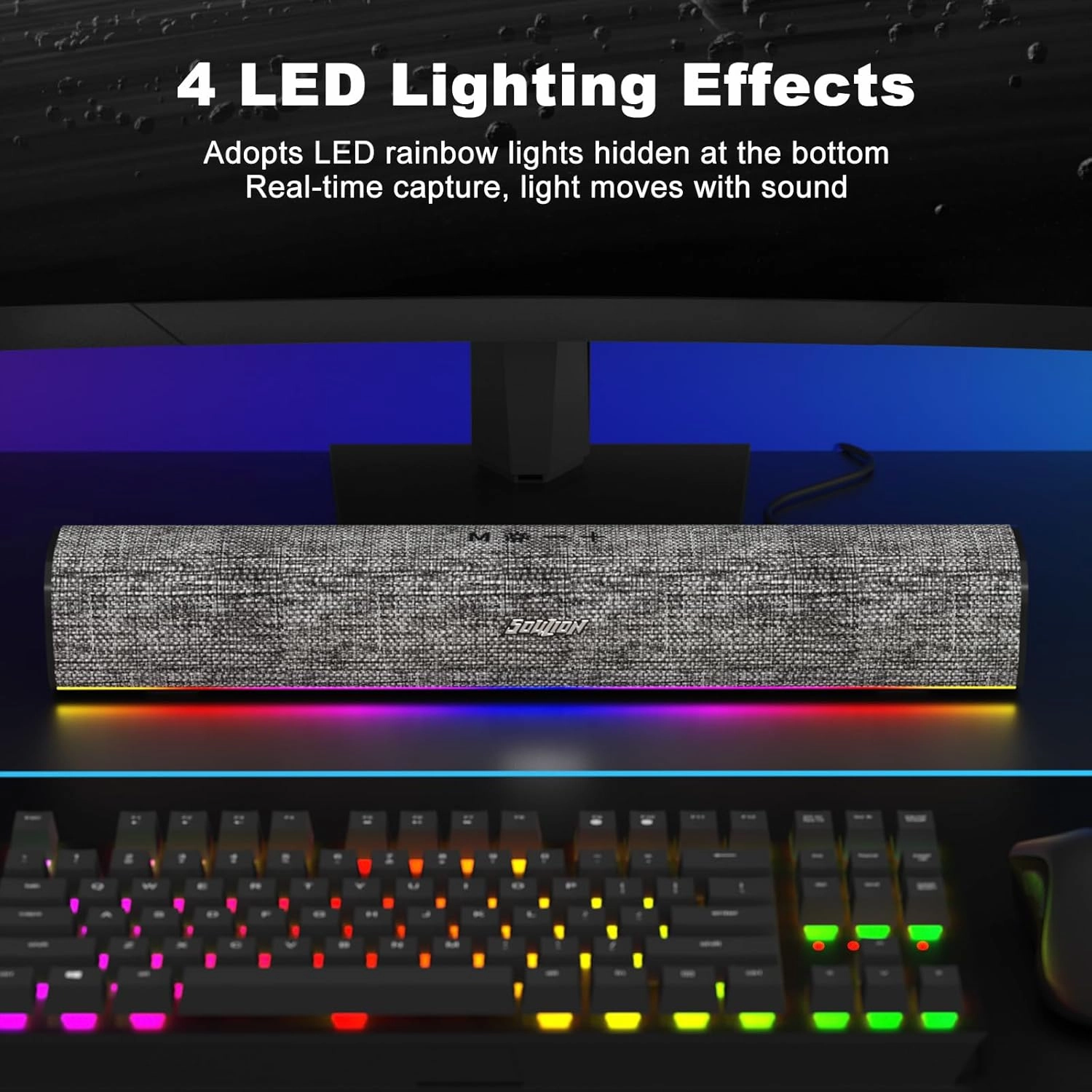 SOULION R100 Bluetooth Computer Speakers with Dynamic LED Light, USB Plug & Play PC Speakers with Switch Button, Clearly Sound Soundbar for Desktop Laptop Monitor(USB-C to USB Adapter Included)