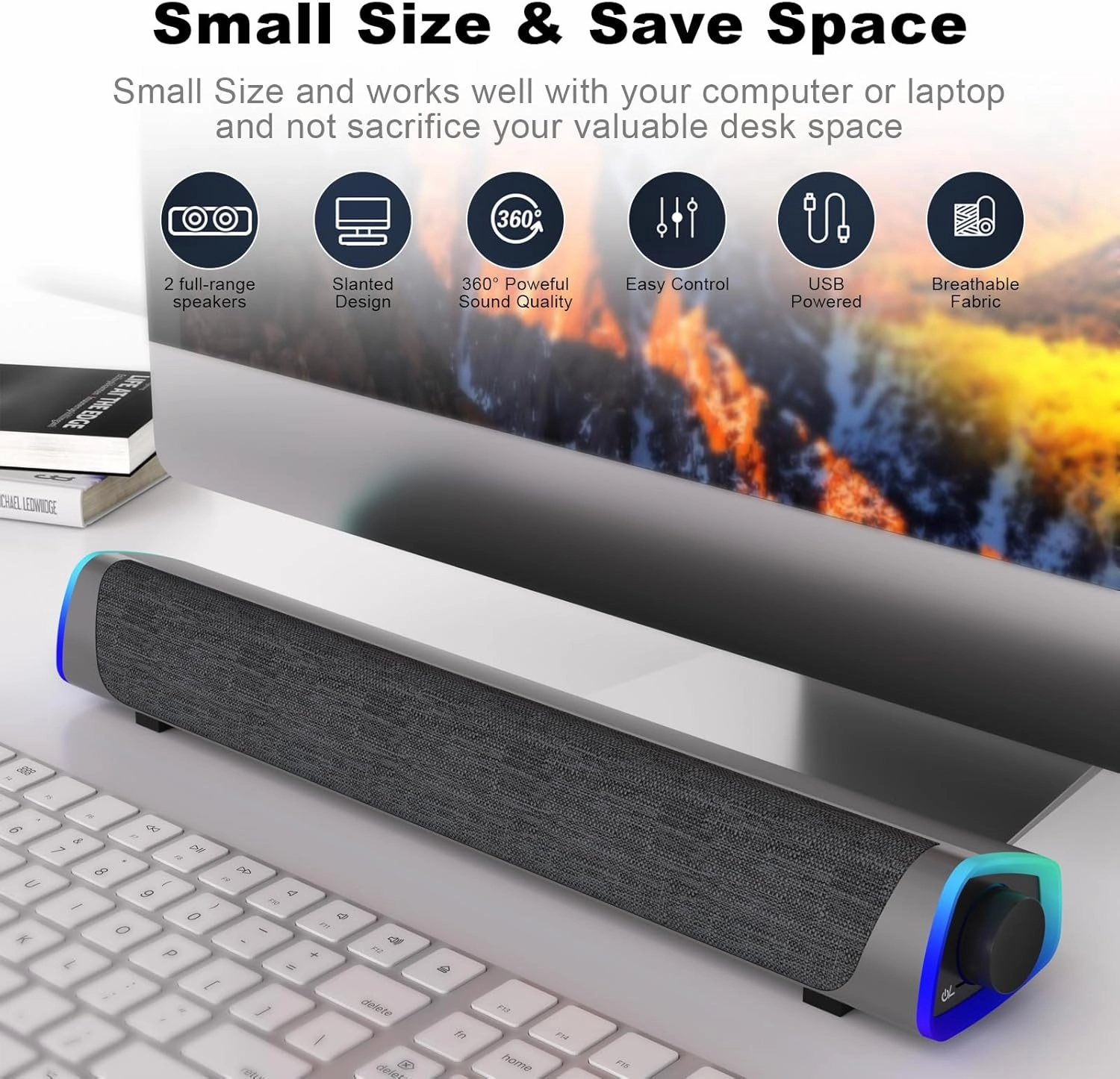 SOULION R30 Computer Speakers, Colorful LED Lights with Switch Button, Surround Sound Portable Computer Sound Bar Speakers for Desktop, Gray