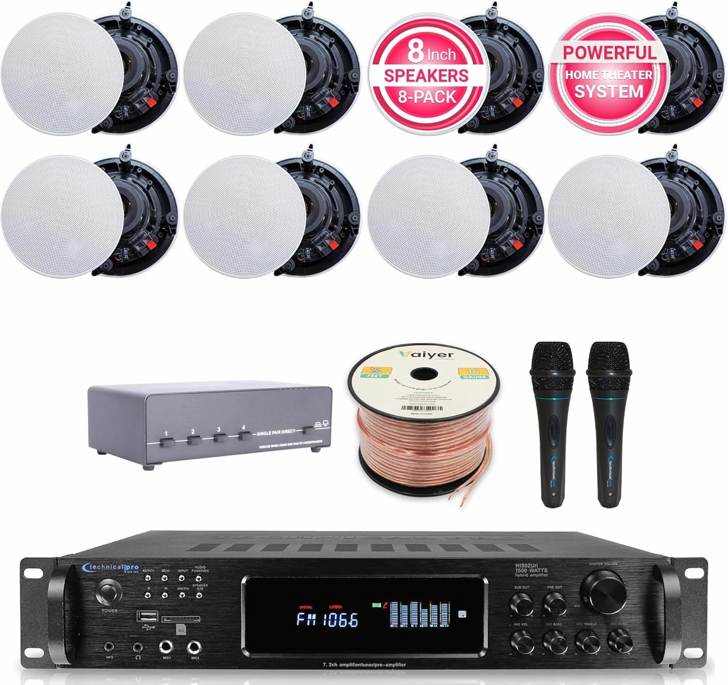 Sound System Kit - 7.2 Channel 1500 W Bluetooth Amplifier w/ 8 Qty of 5.25" Frameless Ceiling Speakers 175W Each, 4-Ch Speaker Selector, 2 Qty of Mic, 250 ft Speaker Wire & Remote by Vaiyer soundbar,TV speaker bar,home theater soundbar,