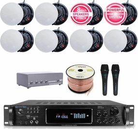 Sound System Kit - 7.2 Channel 1500 W Bluetooth Amplifier w/ 8 Qty of 5.25" Frameless Ceiling Speakers 175W Each, 4-Ch Speaker Selector, 2 Qty of Mic, 250 ft Speaker Wire & Remote by Vaiyer soundbar,TV speaker bar,home theater soundbar,