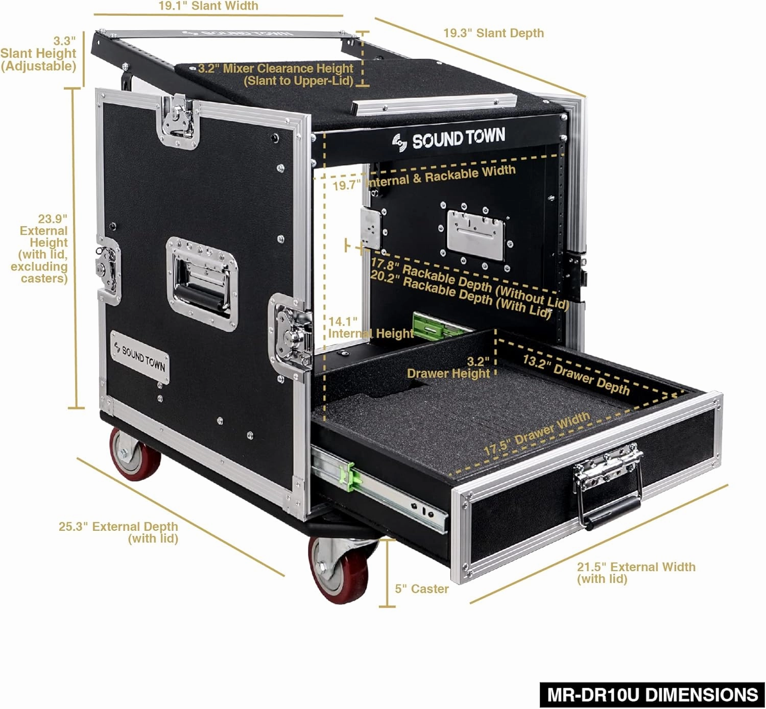 Sound Town 10U PA DJ Pro Audio Rack/Road ATA Case with 2U Drawer, 11U Slant Mixer Top, DJ Work Table, Casters, Pro Tour Grade (MR-DR10U)