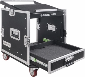 Sound Town 10U PA DJ Pro Audio Rack/Road ATA Case with 2U Drawer, 11U Slant Mixer Top, DJ Work Table, Casters, Pro Tour Grade (MR-DR10U) audio rack,hi-fi component stand,media shelf,
