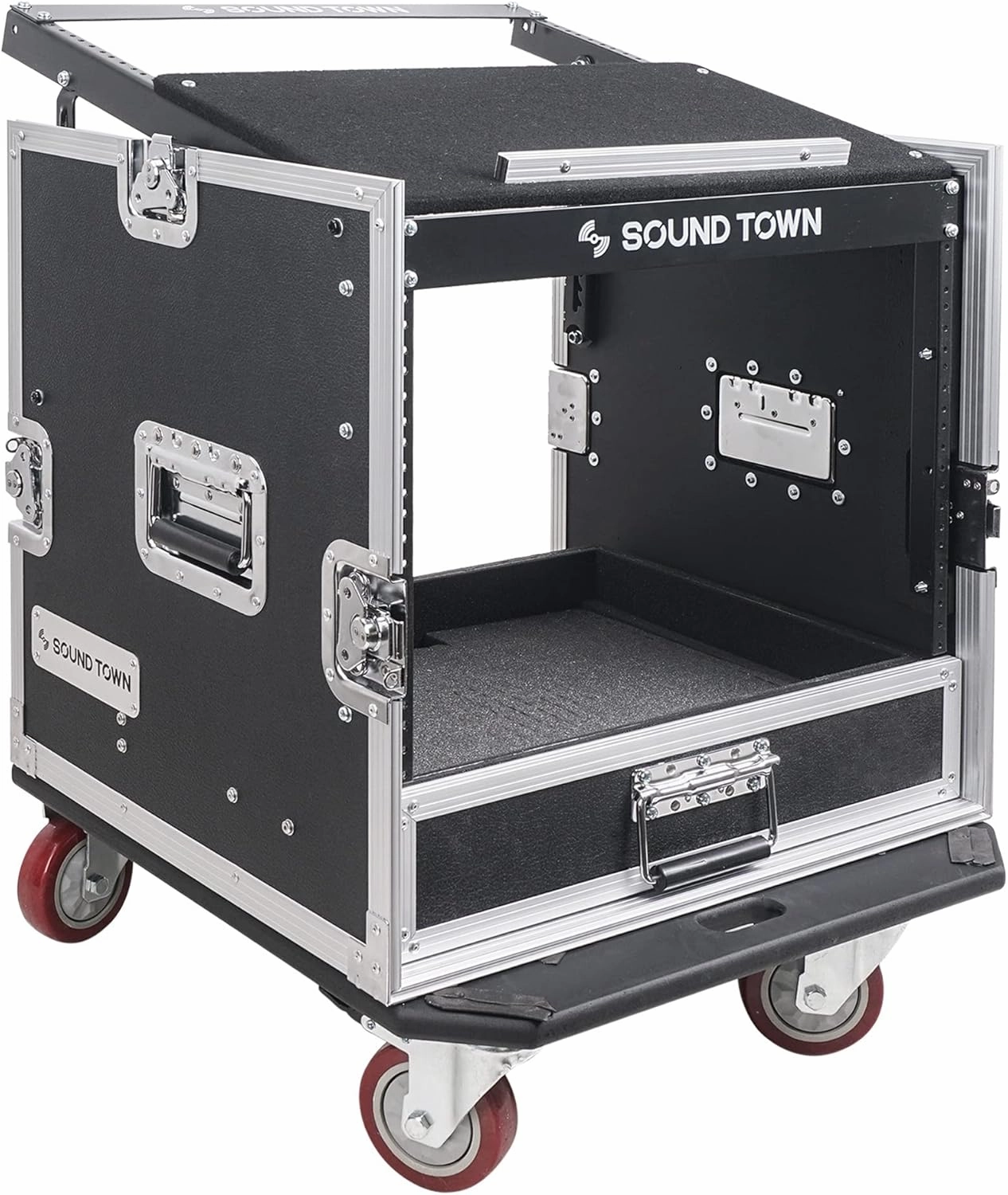 Sound Town 10U PA DJ Pro Audio Rack/Road ATA Case with 2U Drawer, 11U Slant Mixer Top, DJ Work Table, Casters, Pro Tour Grade (MR-DR10U)