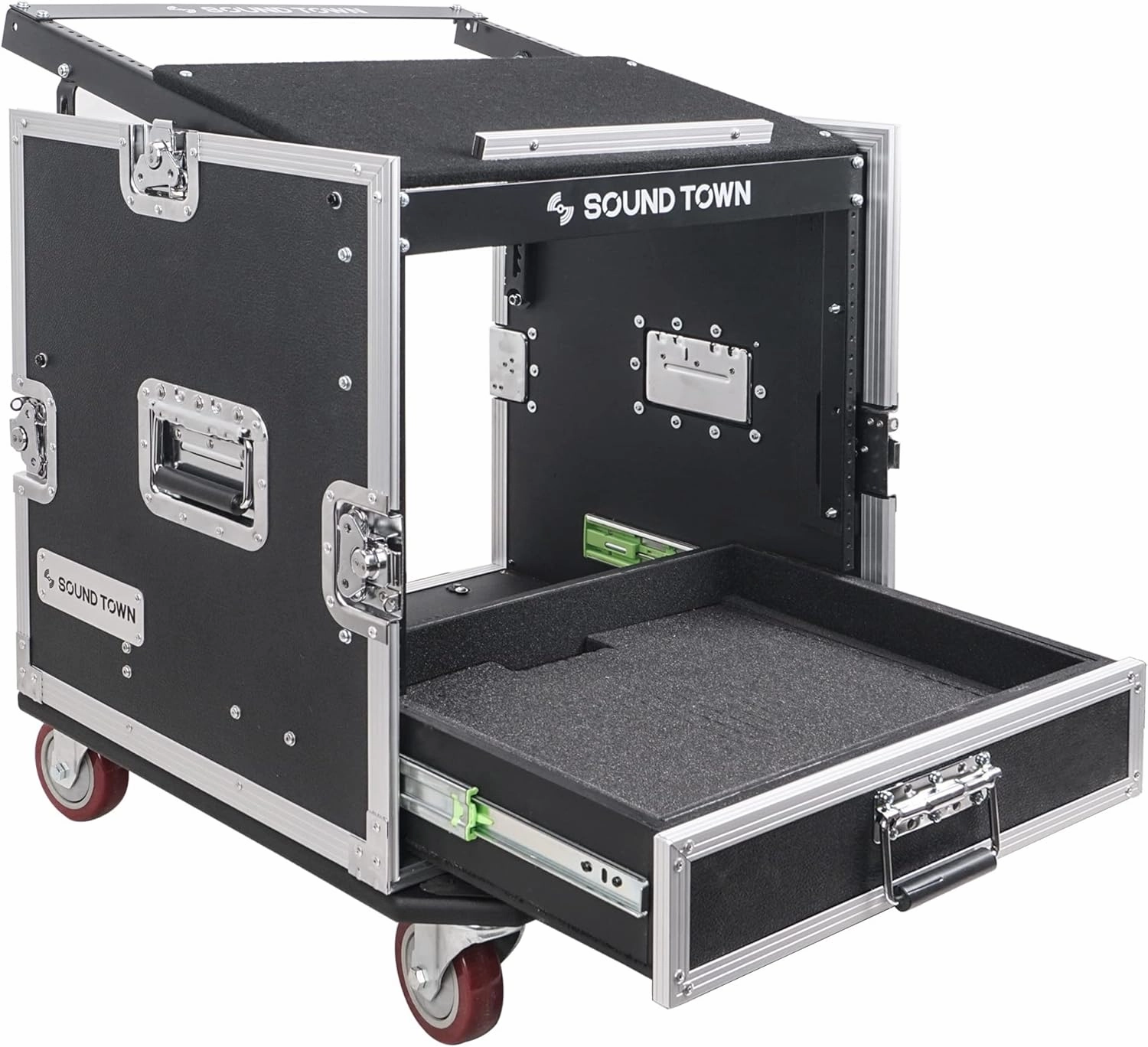 Sound Town 10U PA DJ Pro Audio Rack/Road ATA Case with 2U Drawer, 11U Slant Mixer Top, DJ Work Table, Casters, Pro Tour Grade (MR-DR10U) audio rack,hi-fi component stand,media shelf,