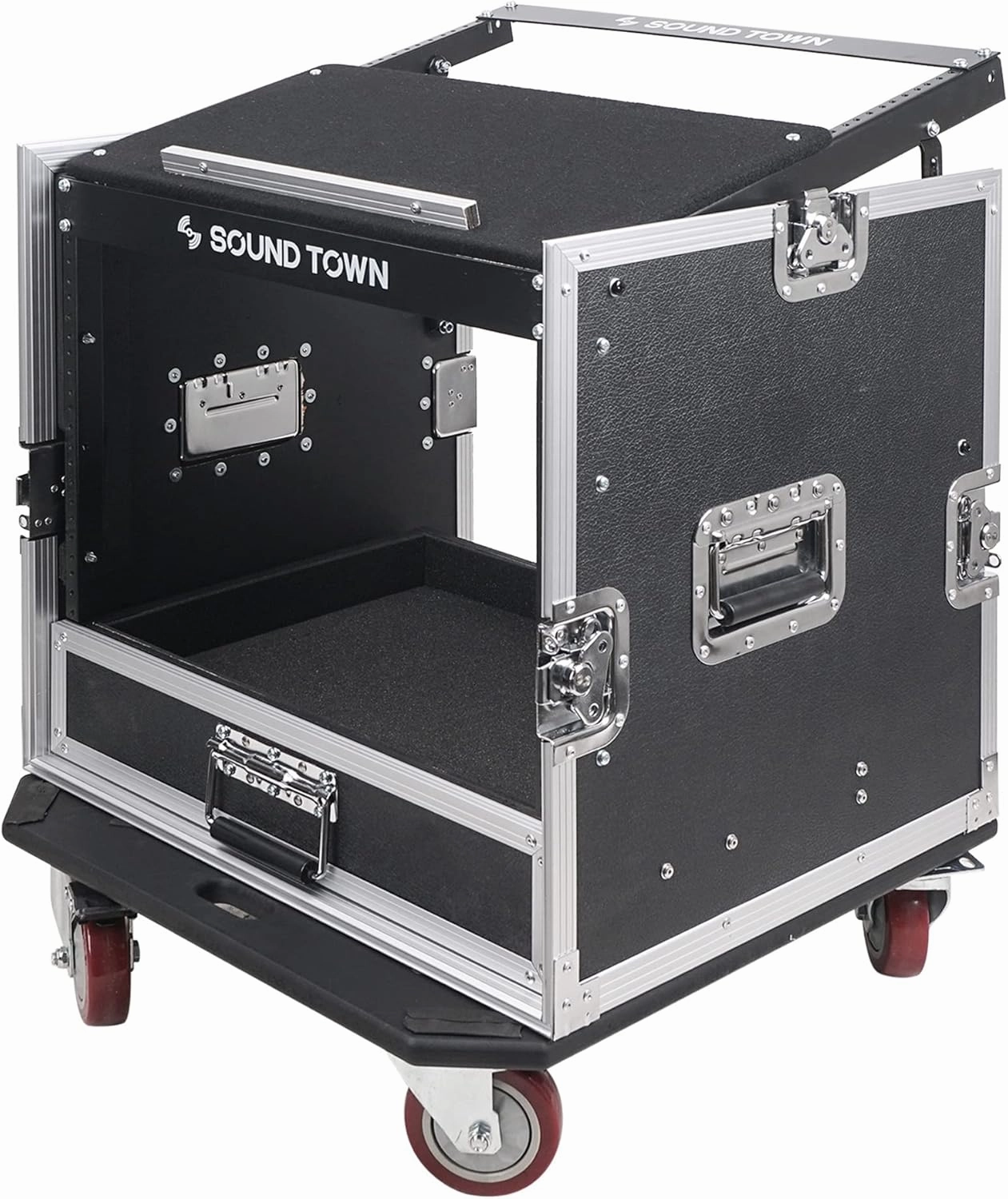Sound Town 10U PA DJ Pro Audio Rack/Road ATA Case with 2U Drawer, 11U Slant Mixer Top, DJ Work Table, Casters, Pro Tour Grade (MR-DR10U)