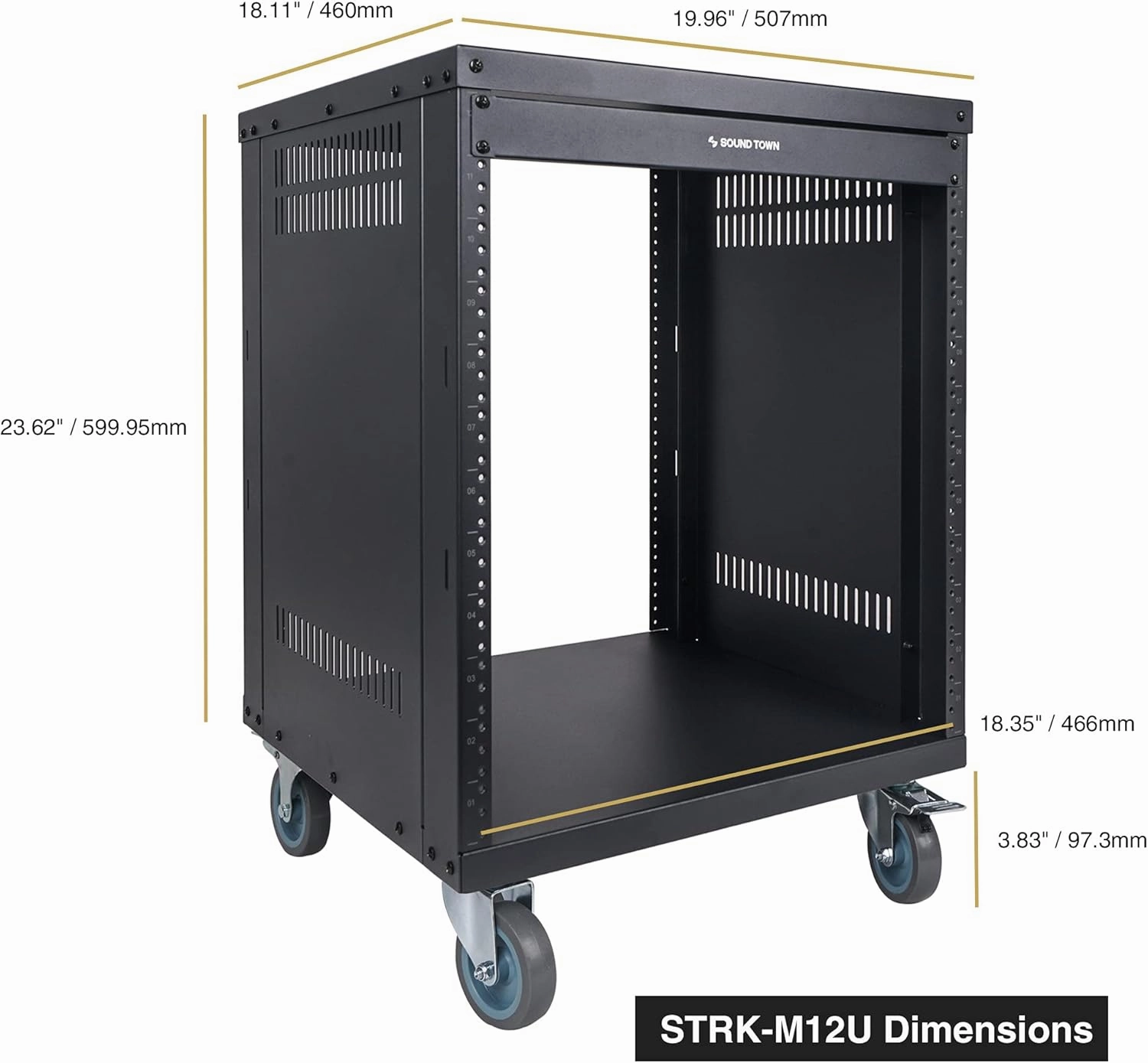 Sound Town 12U Universal Steel Rack, w/ 3" Locking Casters, Vented Side Panels for Audio Video, Server and Network Equipment (STRK-M12U)