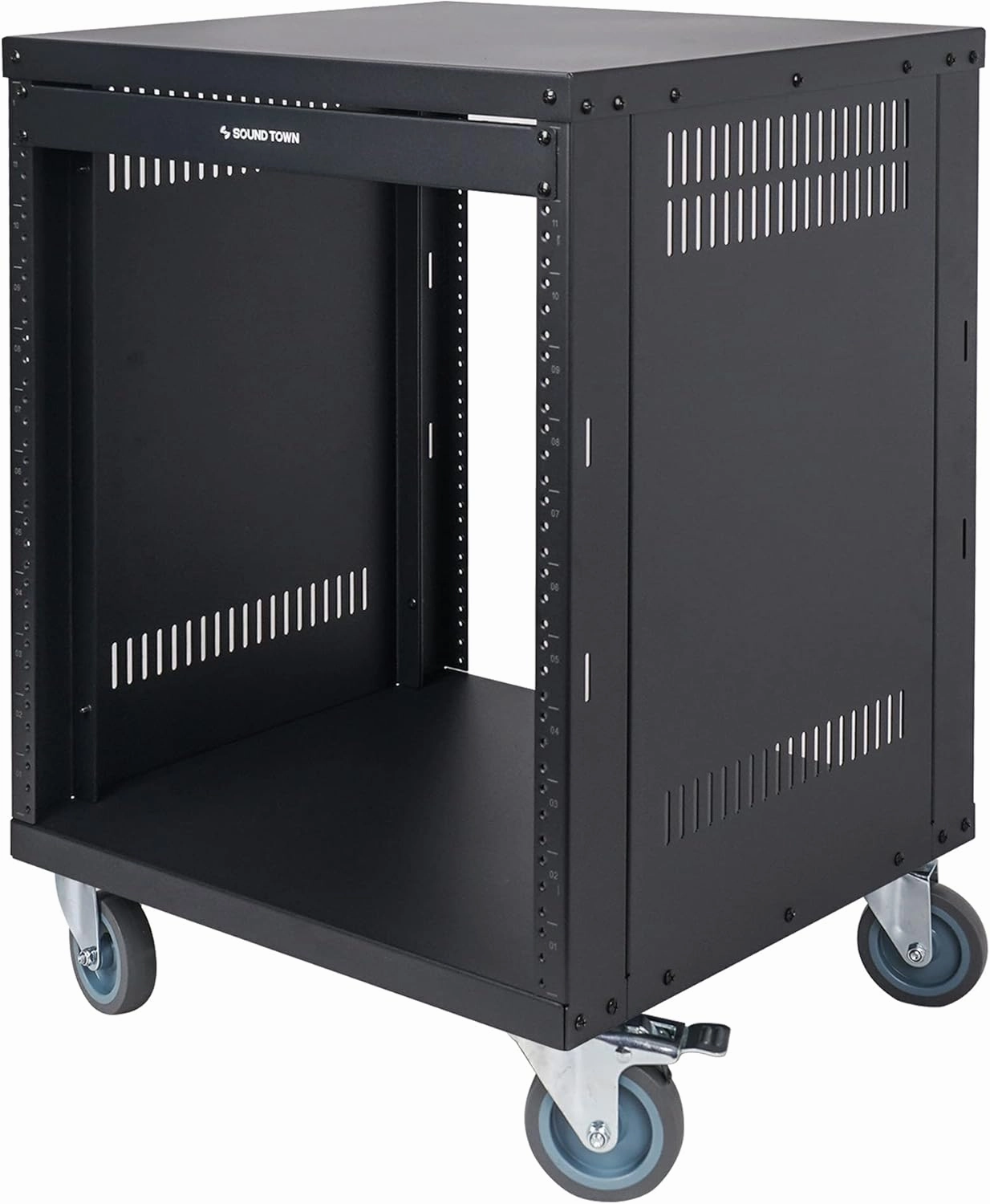 Sound Town 12U Universal Steel Rack, w/ 3" Locking Casters, Vented Side Panels for Audio Video, Server and Network Equipment (STRK-M12U)