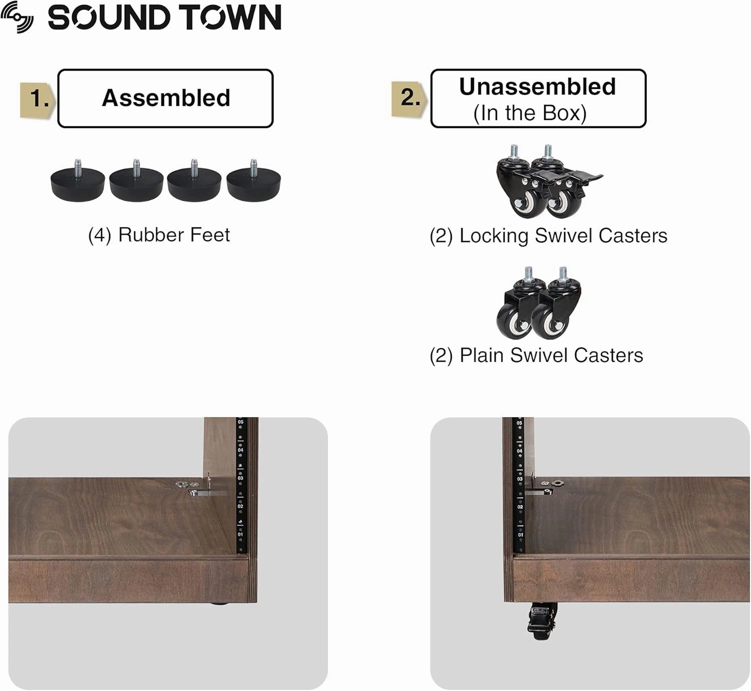 Sound Town 16U DIY Solid Baltic Birch Plywood Slanted Studio Rack with 16U Rack Space, Extra 2U Drawer, Rubber Feet, Casters, Weathered Brown (SDRK-16TBD2)