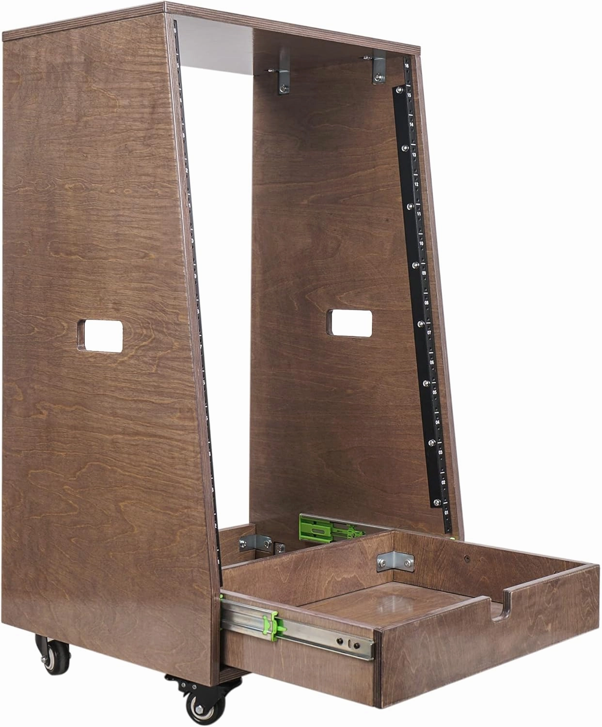 Sound Town 16U DIY Solid Baltic Birch Plywood Slanted Studio Rack with 16U Rack Space, Extra 2U Drawer, Rubber Feet, Casters, Weathered Brown (SDRK-16TBD2)