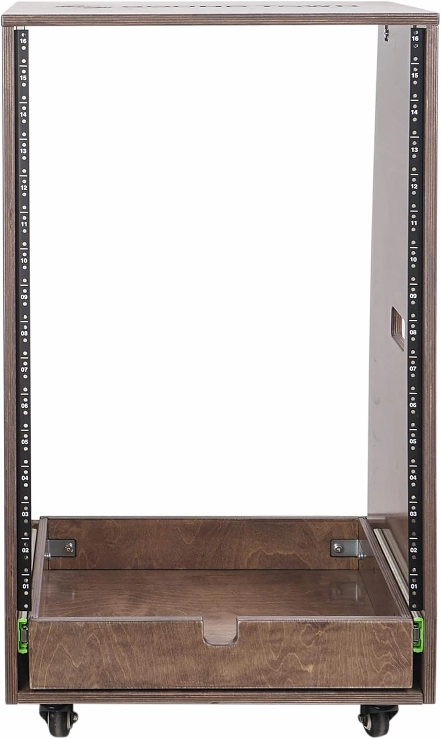 Sound Town 16U DIY Solid Baltic Birch Plywood Slanted Studio Rack with 16U Rack Space, Extra 2U Drawer, Rubber Feet, Casters, Weathered Brown (SDRK-16TBD2)