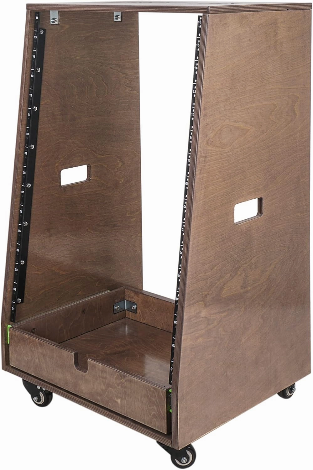 Sound Town 16U DIY Solid Baltic Birch Plywood Slanted Studio Rack with 16U Rack Space, Extra 2U Drawer, Rubber Feet, Casters, Weathered Brown (SDRK-16TBD2)