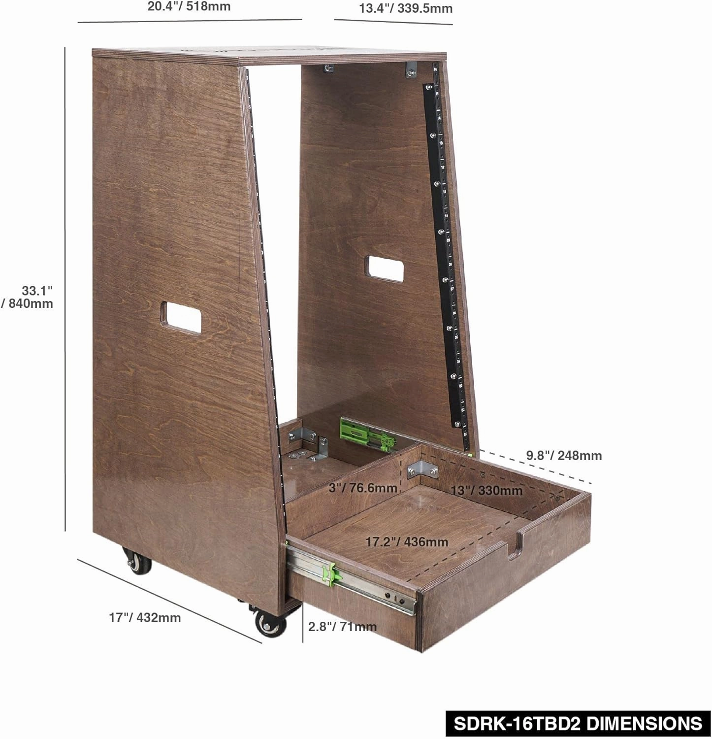 Sound Town 16U DIY Solid Baltic Birch Plywood Slanted Studio Rack with 16U Rack Space, Extra 2U Drawer, Rubber Feet, Casters, Weathered Brown (SDRK-16TBD2)
