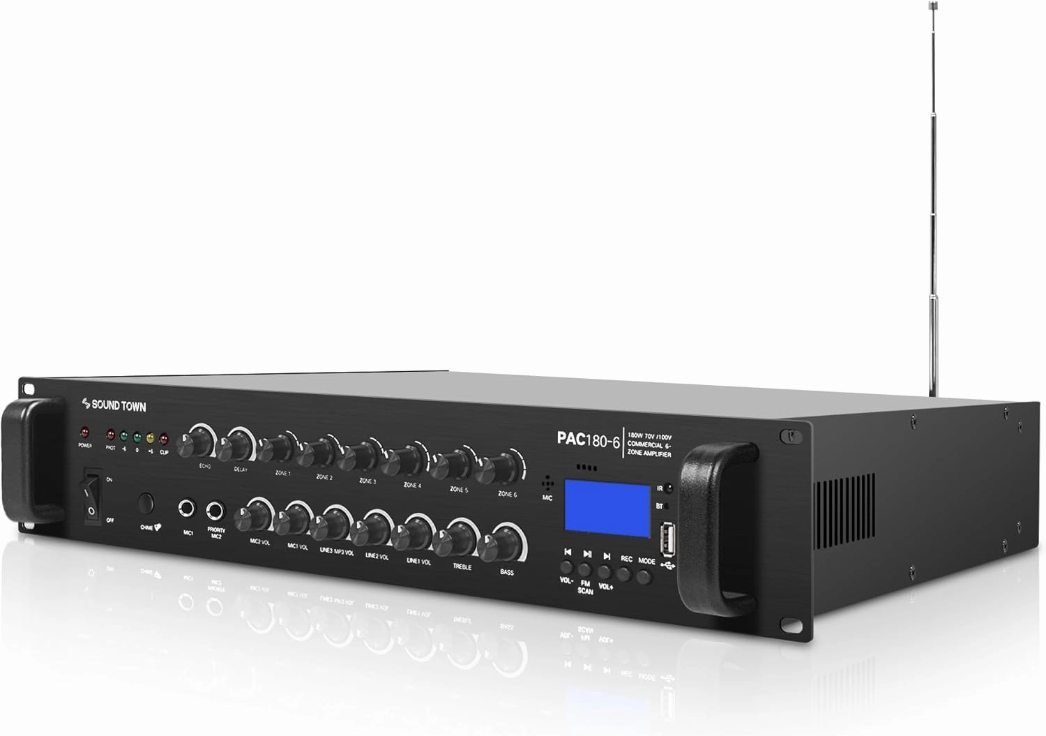 Sound Town 180W 6-Zone 70V/100V Commercial Power Amplifier with Bluetooth, Aluminum, for Restaurants, Lounges, Bars, Pubs, Schools and Warehouses (PAC180-6)