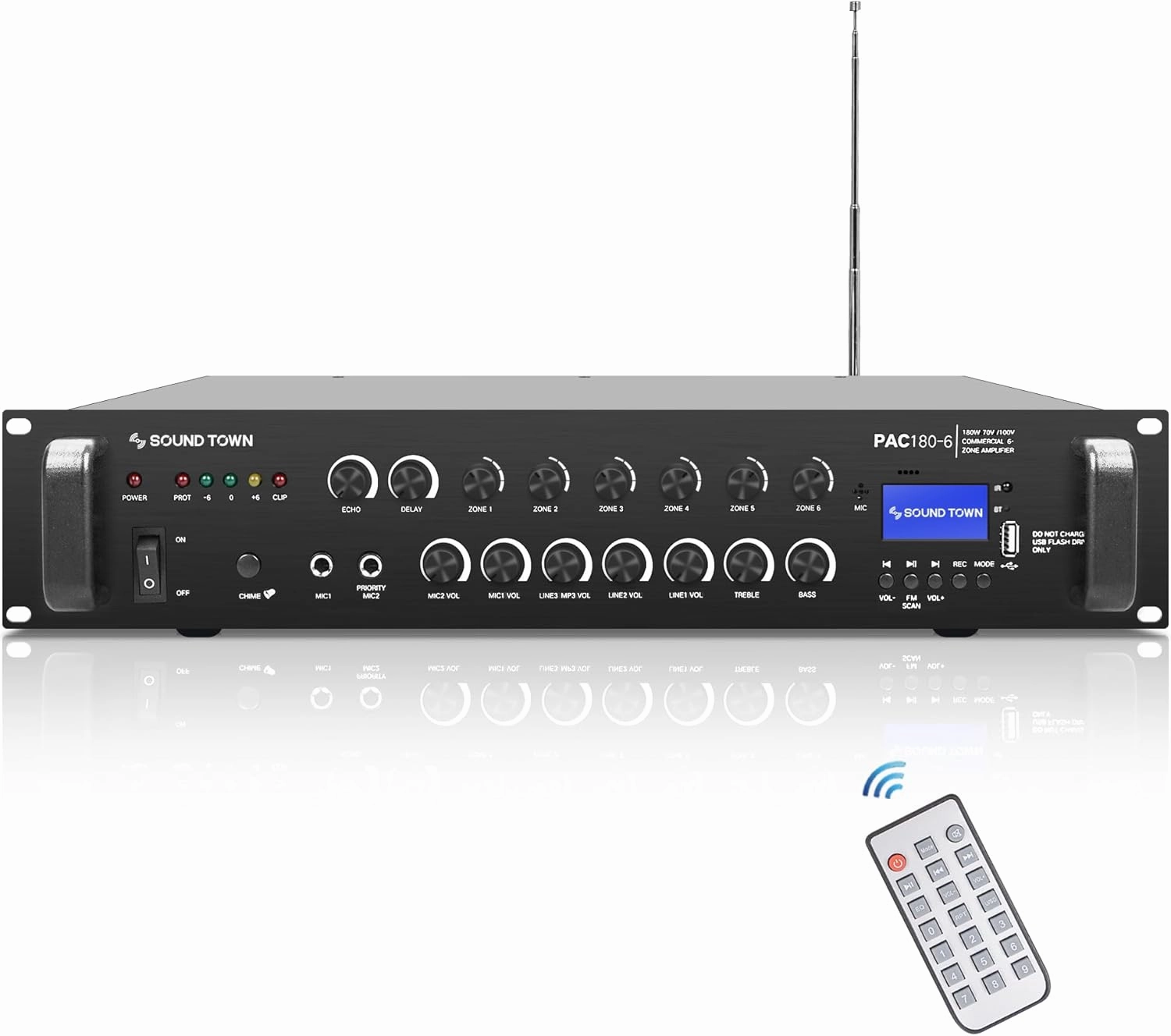 Sound Town 180W 6-Zone 70V/100V Commercial Power Amplifier with Bluetooth, Aluminum, for Restaurants, Lounges, Bars, Pubs, Schools and Warehouses (PAC180-6) integrated amplifier,stereo receiver,hi-fi amp combo,