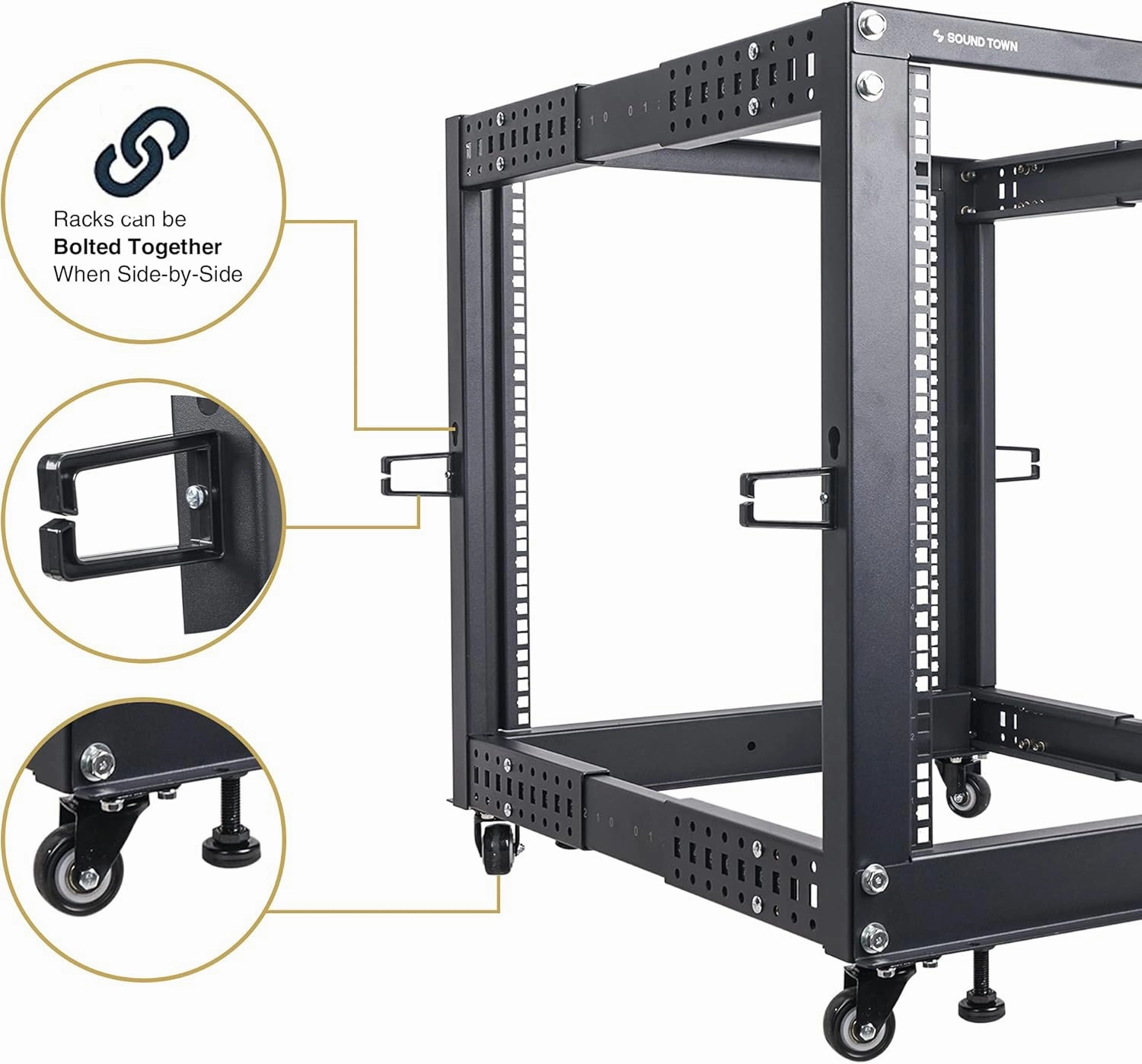 Sound Town 4-Post 12U Open Frame Sever and Network Equipment Rack with Adjustable Depth 22"-40", Casters, Levelers, Cable Management (ST4POF-A12U)
