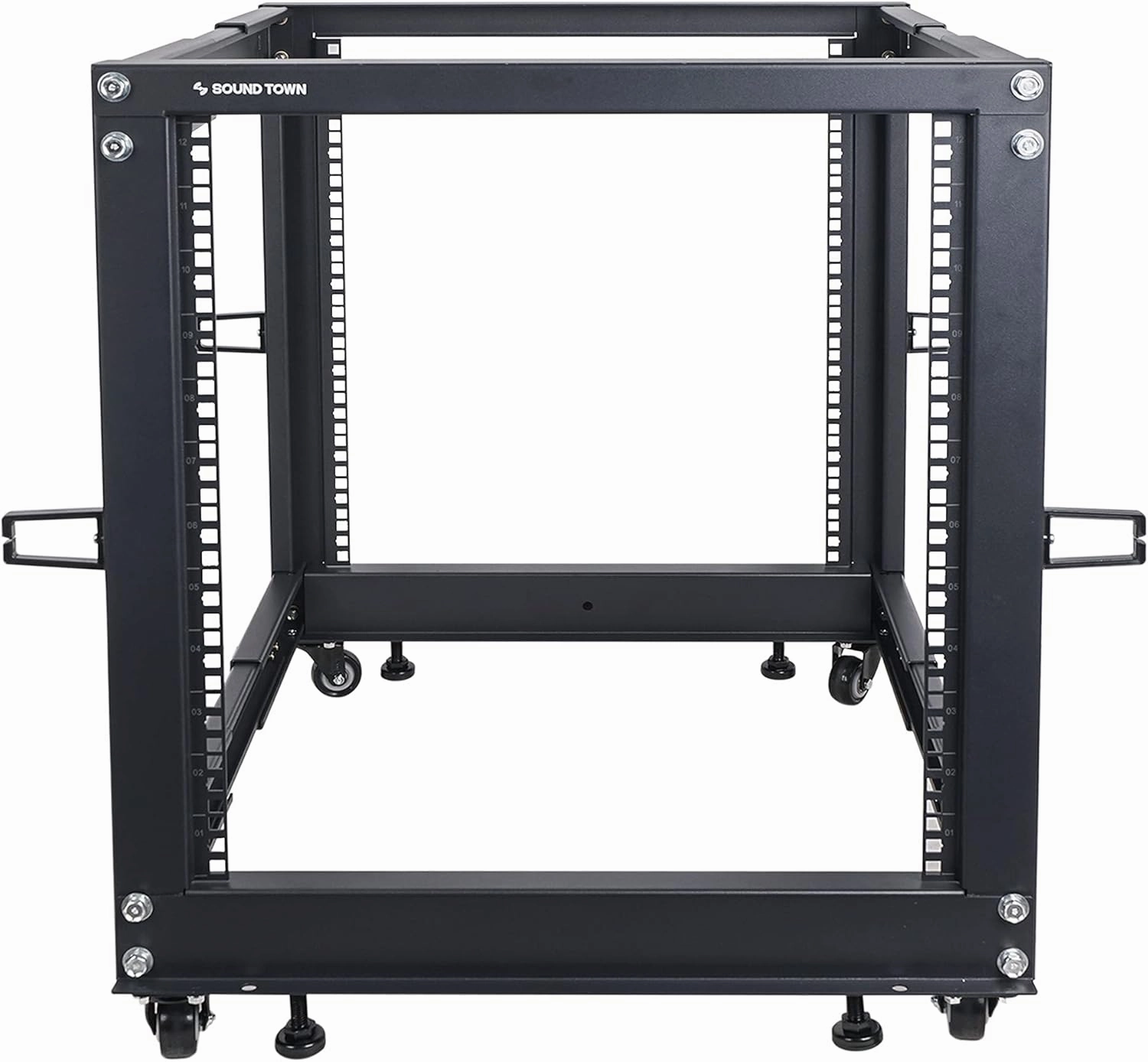 Sound Town 4-Post 12U Open Frame Sever and Network Equipment Rack with Adjustable Depth 22"-40", Casters, Levelers, Cable Management (ST4POF-A12U)