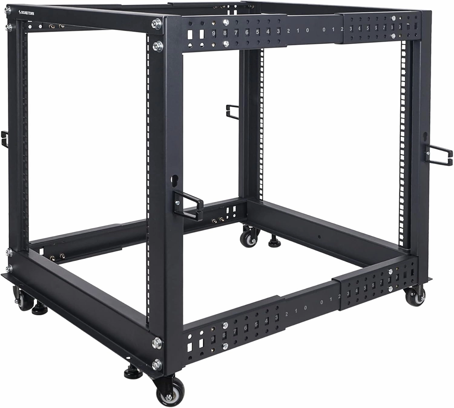 Sound Town 4-Post 12U Open Frame Sever and Network Equipment Rack with Adjustable Depth 22"-40", Casters, Levelers, Cable Management (ST4POF-A12U)
