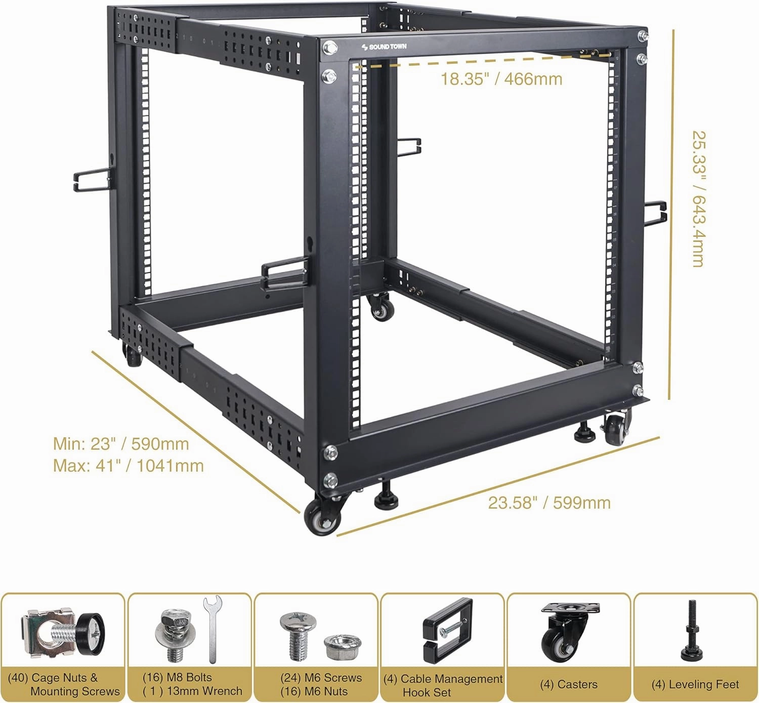 Sound Town 4-Post 12U Open Frame Sever and Network Equipment Rack with Adjustable Depth 22"-40", Casters, Levelers, Cable Management (ST4POF-A12U)