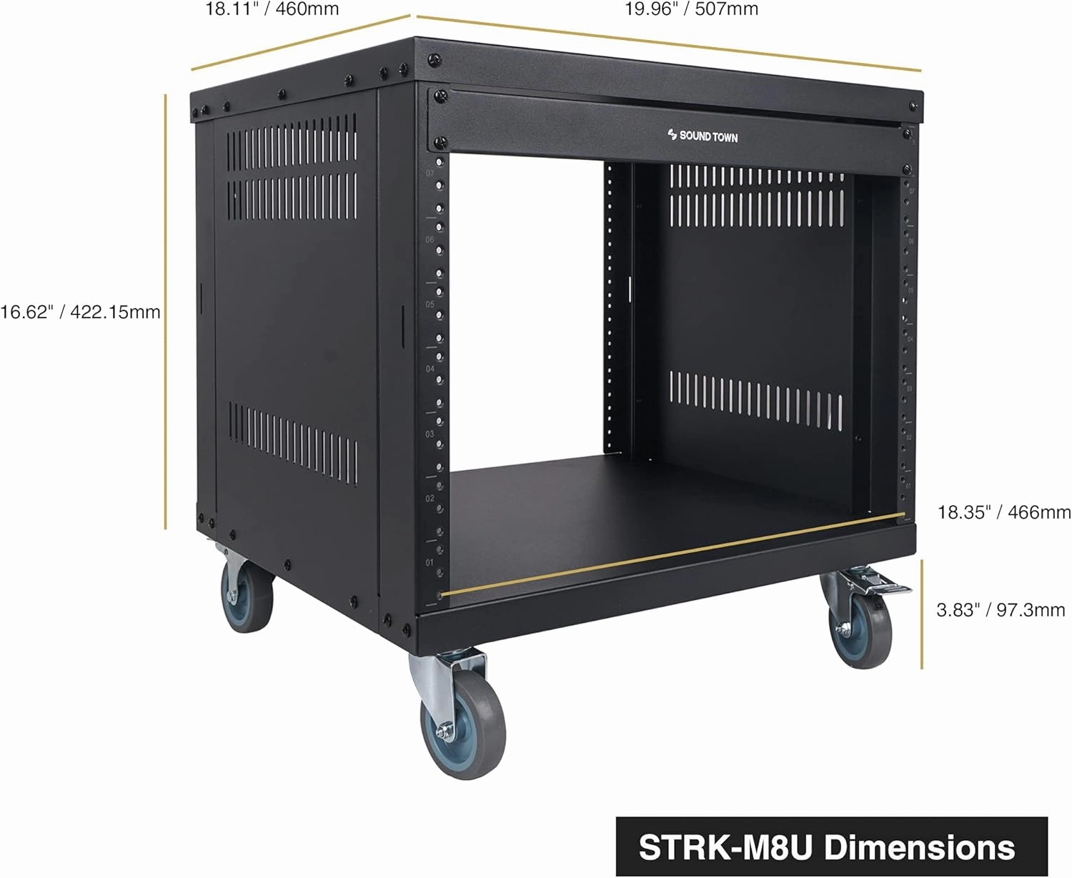Sound Town 8U Universal Steel Rack, w/ 3" Locking Casters, Vented Side Panels for Audio Video, Server and Network Equipment (STRK-M8U)