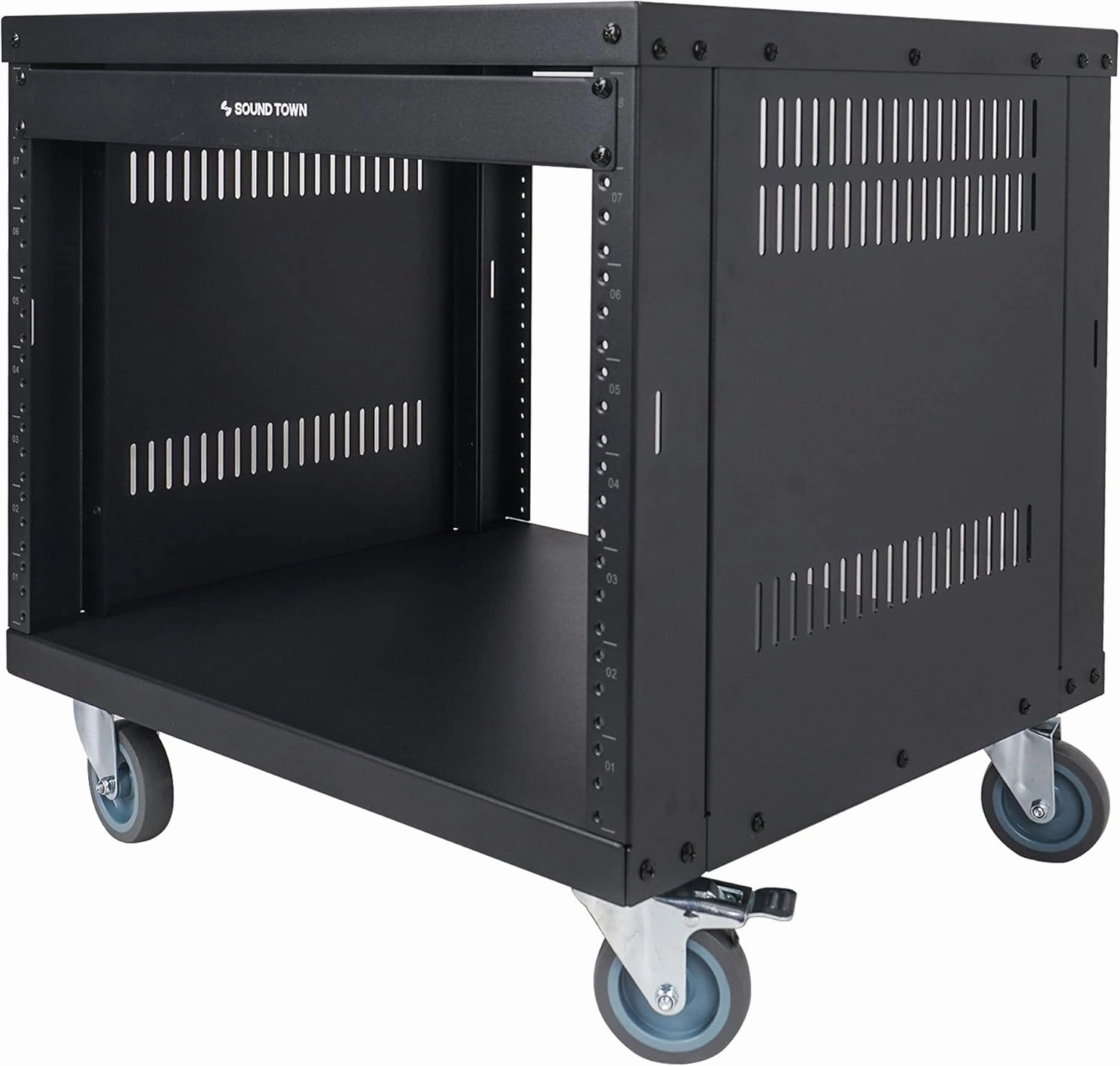 Sound Town 8U Universal Steel Rack, w/ 3" Locking Casters, Vented Side Panels for Audio Video, Server and Network Equipment (STRK-M8U)