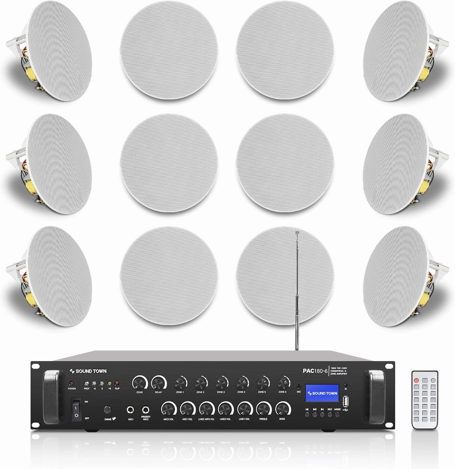 Sound Town Commercial Restaurant Bluetooth Amplifier   in-Ceiling Speaker Set, with One 6-Zone 70V/100V Amplifier with Bluetooth, 12 x Two-Way 6.5-Inch in-Ceiling Speakers, White (PAC180X12CS6N) soundbar,TV speaker bar,home theater soundbar,