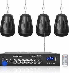 Sound Town Commercial Restaurant Bluetooth Amplifier   Pendant Speaker Set, with One 2-Zone 70V/100V Amplifier with Bluetooth, 4 x All-Weather 4-Inch Pendant Speakers, Black (PAC80X4PD4B) soundbar,TV speaker bar,home theater soundbar,