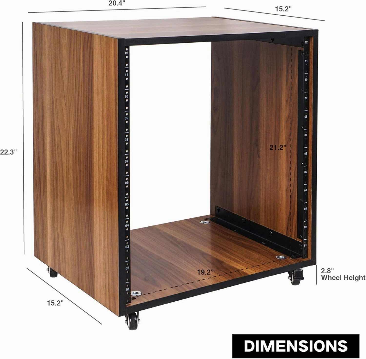 Sound Town DIY 12U Studio Rack with Furniture Grade Walnut Laminate, Rubber Feet, Casters (SDRK-12WN)
