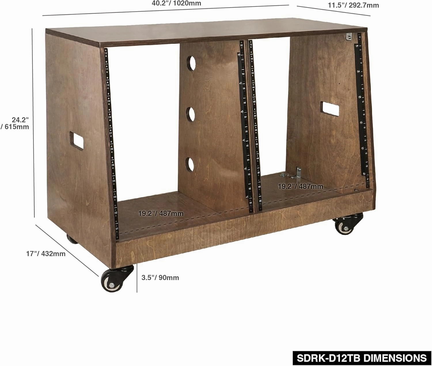 Sound Town DIY 2 x 12U Slanted Studio Rack with Solid Baltic Birch Plywood, Casters, weathered brown for Recording Room, Home Studio (SDRK-D12TB)
